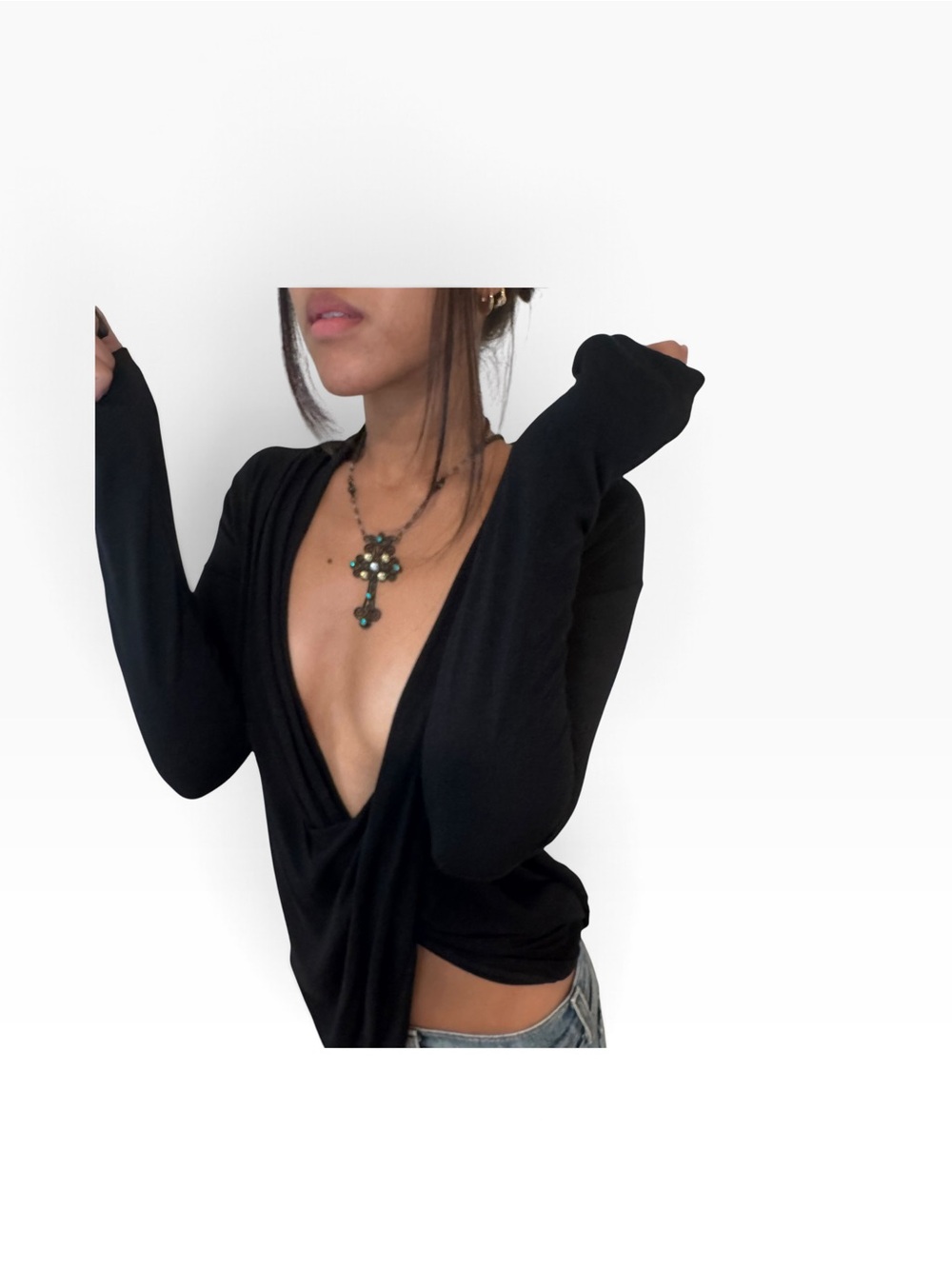 Santosha NWT Black Deep V Draped Long Sleeve Top